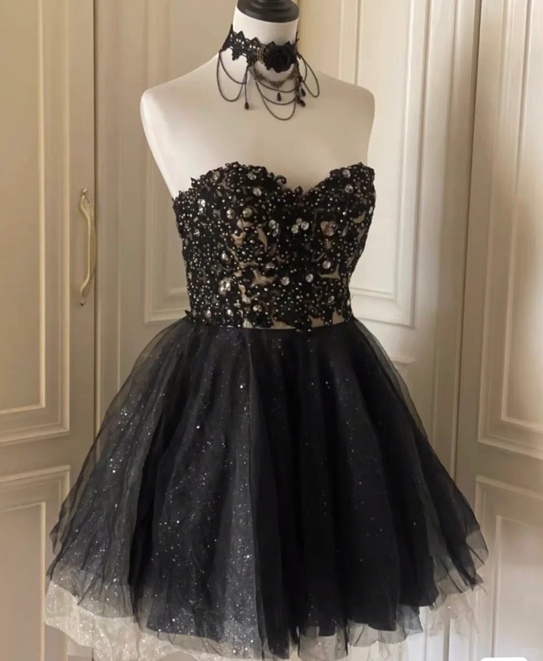 Vintage Black Strapless A-Line Tulle Beaded Short Prom Dresses Homecoming Dresses RF0823