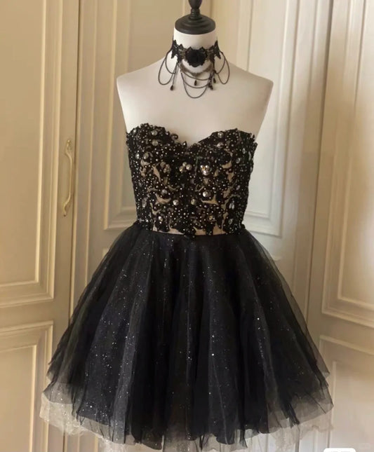 Vintage Black Strapless A-Line Tulle Beaded Short Prom Dresses Homecoming Dresses RF0823