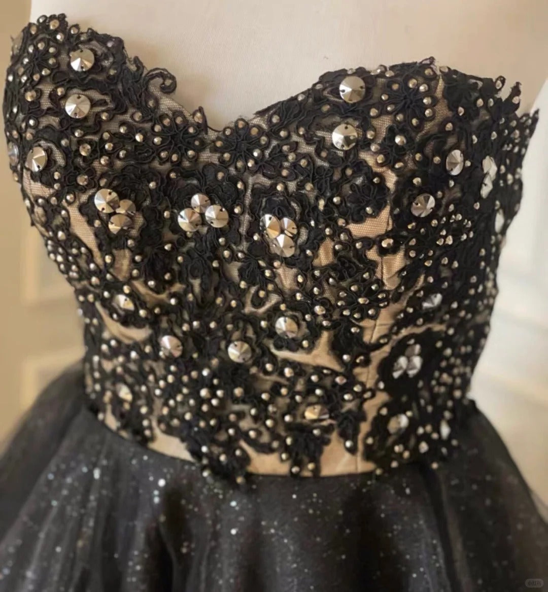 Vintage Black Strapless A-Line Tulle Beaded Short Prom Dresses Homecoming Dresses RF0823