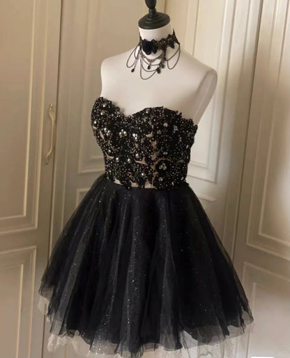 Vintage Black Strapless A-Line Tulle Beaded Short Prom Dresses Homecoming Dresses RF0823