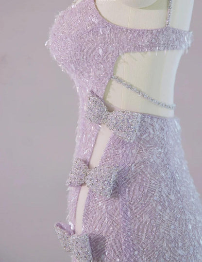 Gorgeous Light Purple V-Neck Sheath Lace Beaded Long Prom Dresses Formal Evening Gowns with Slits RF0826