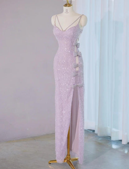 Gorgeous Light Purple V-Neck Sheath Lace Beaded Long Prom Dresses Formal Evening Gowns with Slits RF0826