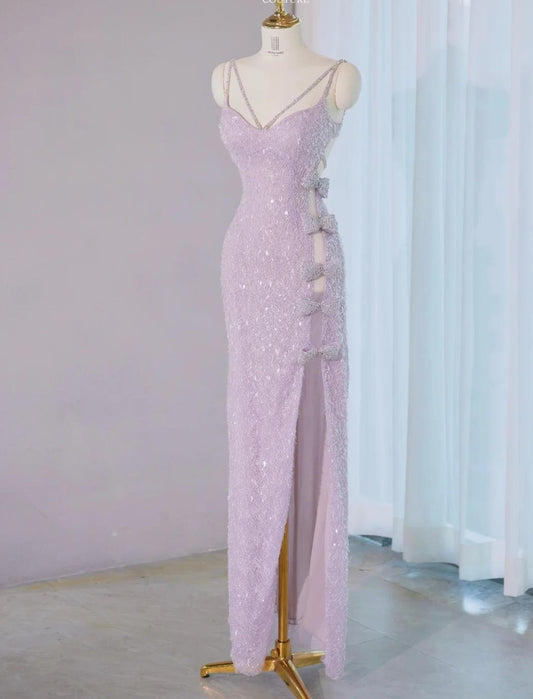 Gorgeous Light Purple V-Neck Sheath Lace Beaded Long Prom Dresses Formal Evening Gowns with Slits RF0826