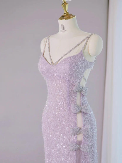 Gorgeous Light Purple V-Neck Sheath Lace Beaded Long Prom Dresses Formal Evening Gowns with Slits RF0826