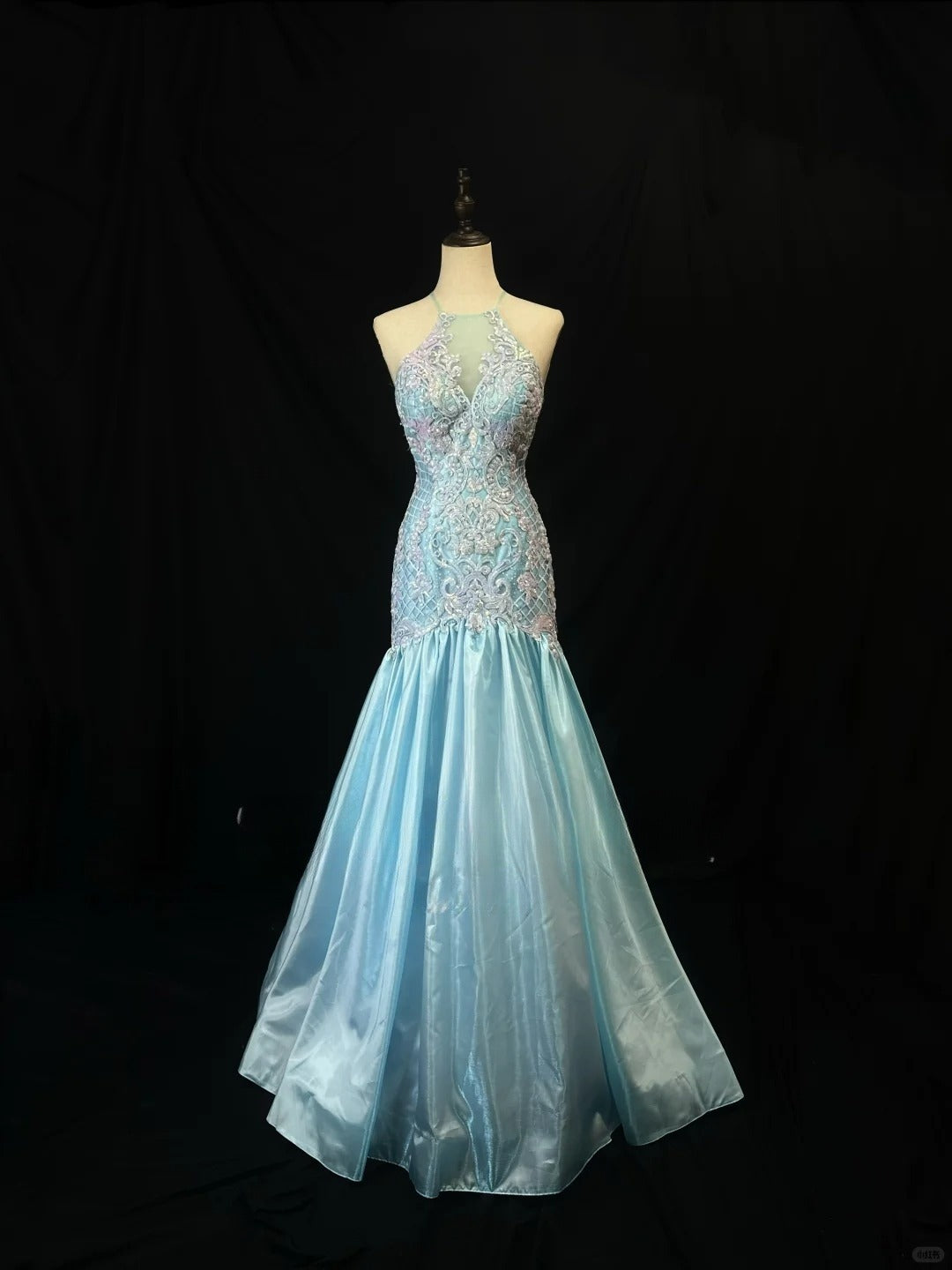 Vintage Blue Crew Neck Mermaid Satin Sequin Long Prom Dresses Formal Evening Gowns with Appliques RF0827
