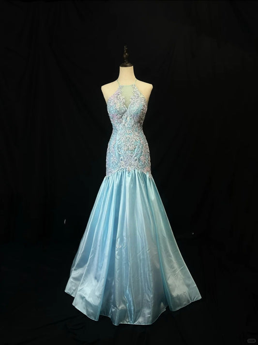 Vintage Blue Crew Neck Mermaid Satin Sequin Long Prom Dresses Formal Evening Gowns with Appliques RF0827