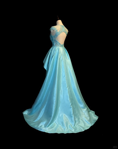 Elegant Blue Crew Neck A-Line Satin Long Prom Dresses Formal Evening Gowns with Appliques RF0828