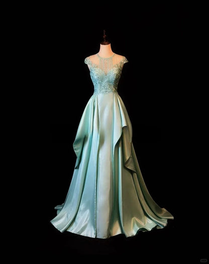 Elegant Blue Crew Neck A-Line Satin Long Prom Dresses Formal Evening Gowns with Appliques RF0828