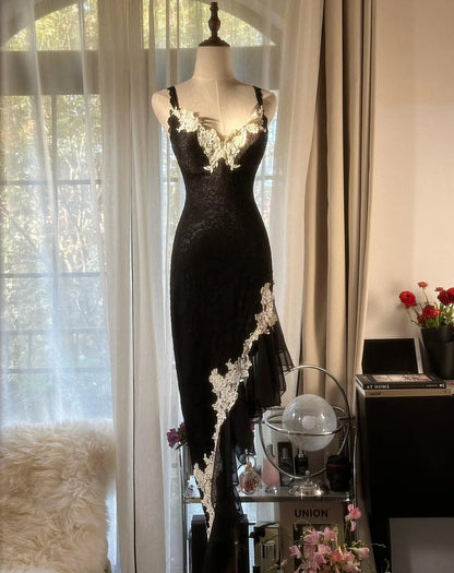 Glam Black Spaghetti Straps Bodycon Lace Prom Dresses Formal Evening Gowns with Appliques RF0830