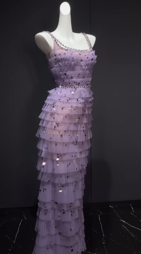Sweet Purple Spaghetti Straps Sheath Tulle Sequin Long Prom Dresses Formal Evening Gowns RF0832