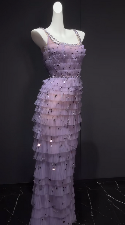 Sweet Purple Spaghetti Straps Sheath Tulle Sequin Long Prom Dresses Formal Evening Gowns RF0832