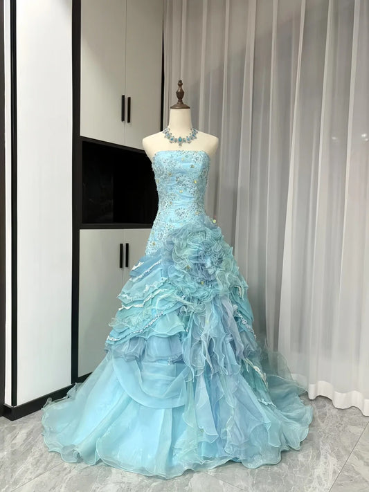 Stunning Blue Strapless A-Line Tulle Sequined Train Wedding Dress RF0834
