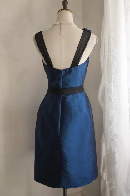Elegant Navy Blue Asymmetric Neck Sheath Satin Short Prom Dresses Homecoming Dresses with Appliques RF0835