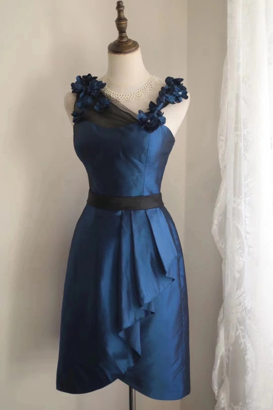 Elegant Navy Blue Asymmetric Neck Sheath Satin Short Prom Dresses Homecoming Dresses with Appliques RF0835