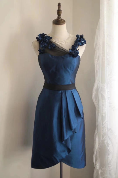 Elegant Navy Blue Asymmetric Neck Sheath Satin Short Prom Dresses Homecoming Dresses with Appliques RF0835