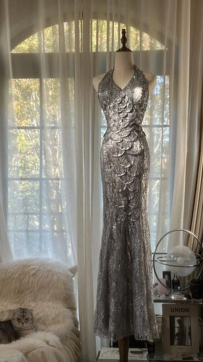 Vintage Grey V Neck Sheath Lace Sequin Long Prom Dresses Elegant Evening Gowns RF0837