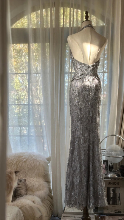 Vintage Grey V Neck Sheath Lace Sequin Long Prom Dresses Elegant Evening Gowns RF0837