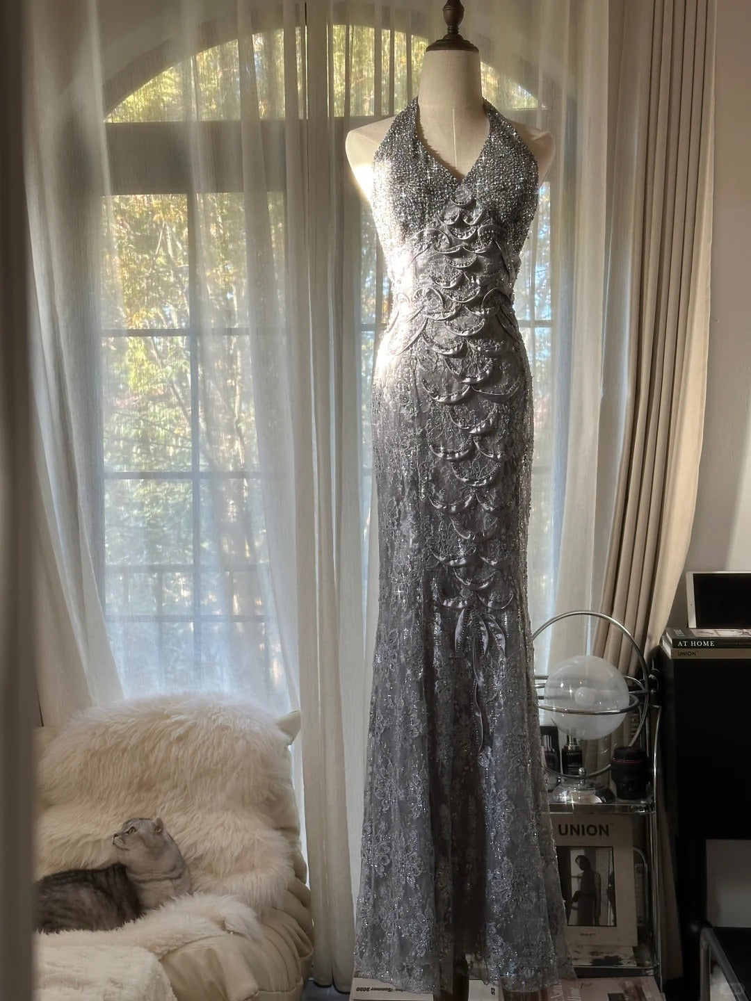 Vintage Grey V Neck Sheath Lace Sequin Long Prom Dresses Elegant Evening Gowns RF0837