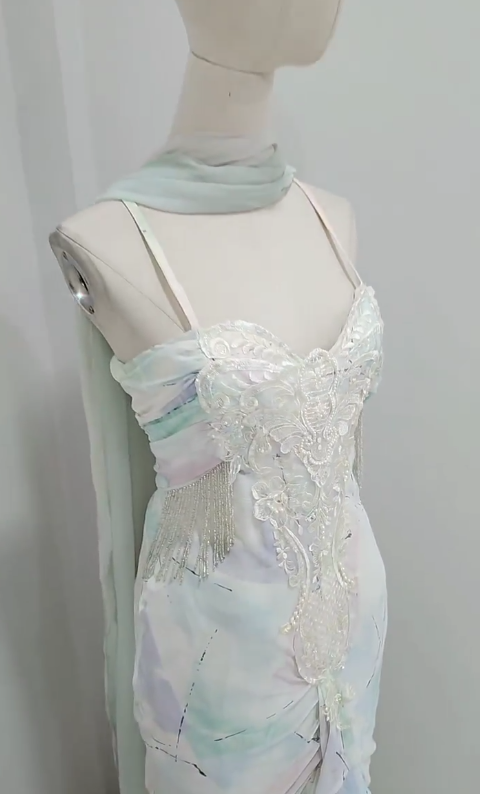 Elegant Colorful Spaghetti Straps Mermaid Chiffon Long Prom Dresses Vintage Evening Gowns RF0838
