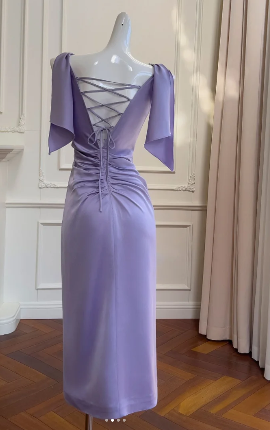 Stunning Spaghetti Straps Purple Sheath Satin Long Prom Dresses Formal Evening Gowns RF0839