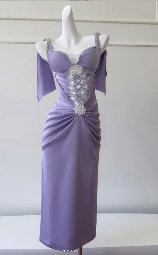 Stunning Spaghetti Straps Purple Sheath Satin Long Prom Dresses Formal Evening Gowns RF0839