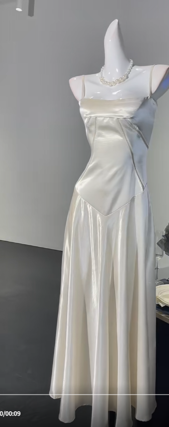 Sweet Spaghetti Strap A-Line White Satin Long Prom Dresses Birthday Evening Gowns RF0840