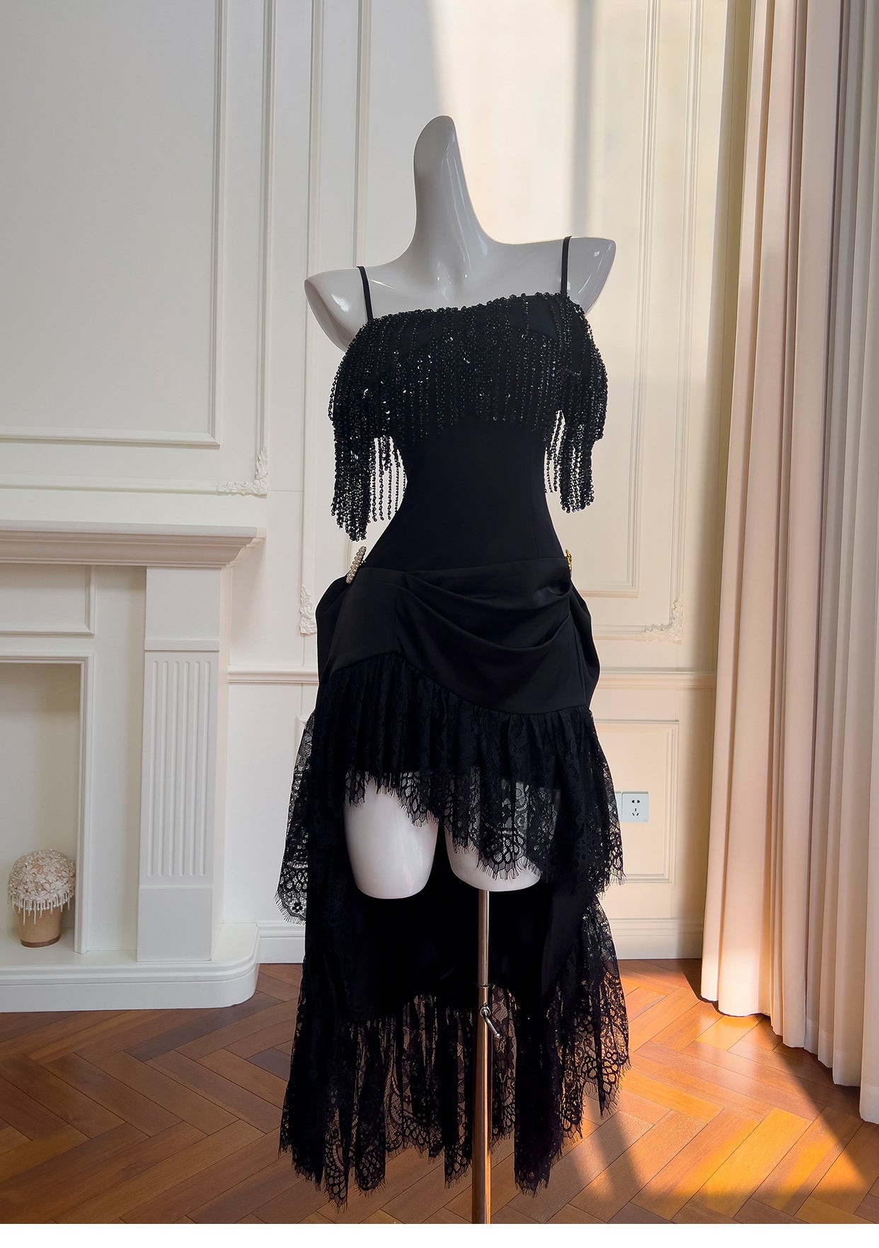 Stunning Black Spaghetti Straps A-Line Beaded Lace Hi-lo Prom Dresses Birthday Party Dress RF0845