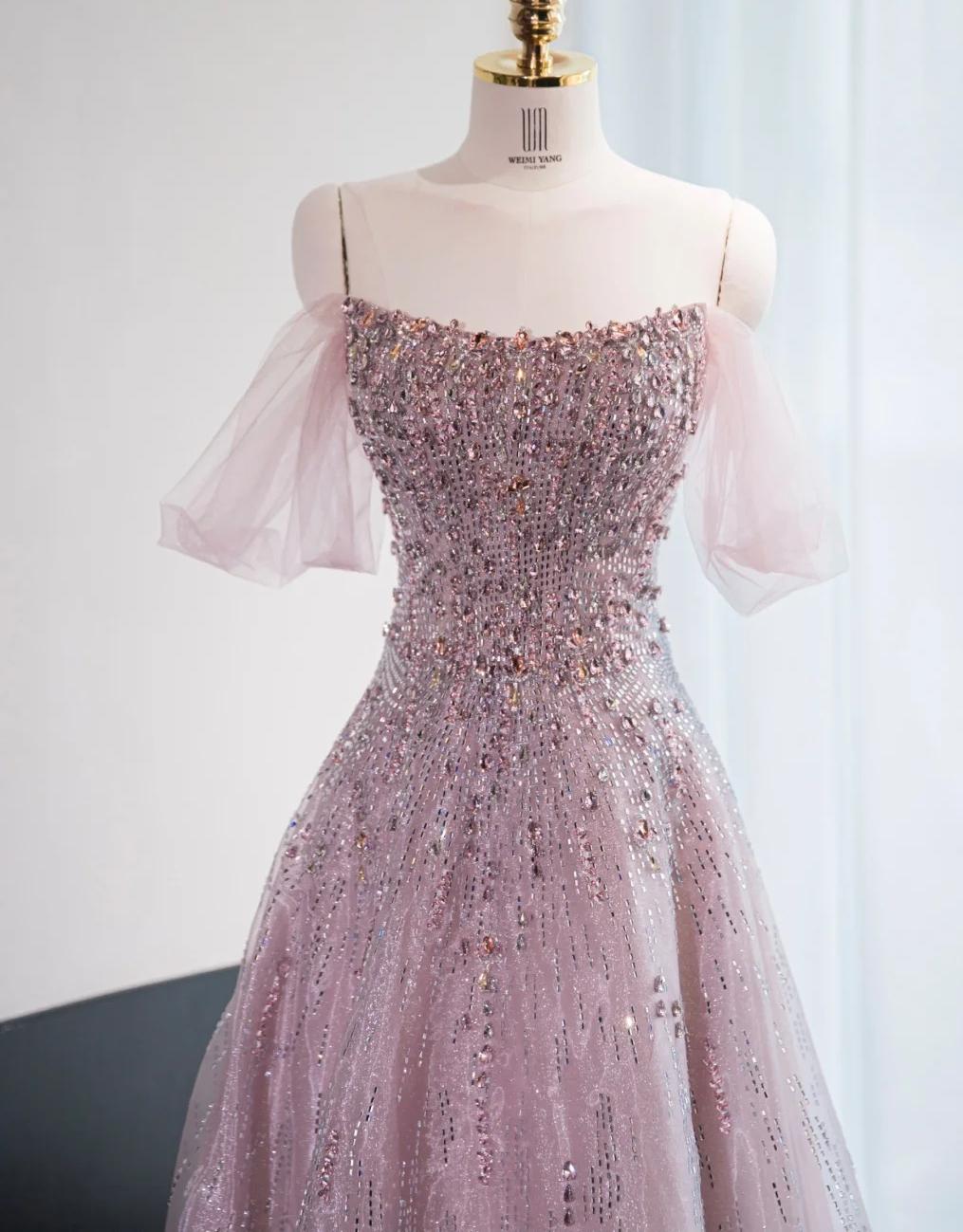 Gorgeous Pink Off Shoulder A-Line Tulle Sequins Long Prom Dresses Formal Evening Gowns RF0847