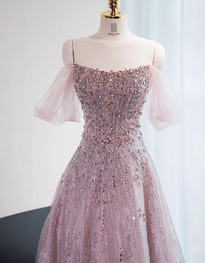 Gorgeous Pink Off Shoulder A-Line Tulle Sequins Long Prom Dresses Formal Evening Gowns RF0847