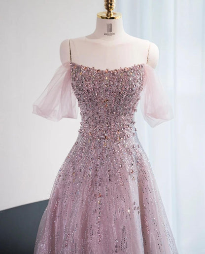 Gorgeous Pink Off Shoulder A-Line Tulle Sequins Long Prom Dresses Formal Evening Gowns RF0847