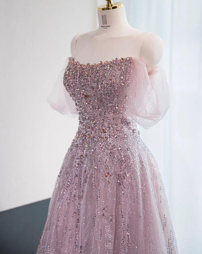 Gorgeous Pink Off Shoulder A-Line Tulle Sequins Long Prom Dresses Formal Evening Gowns RF0847