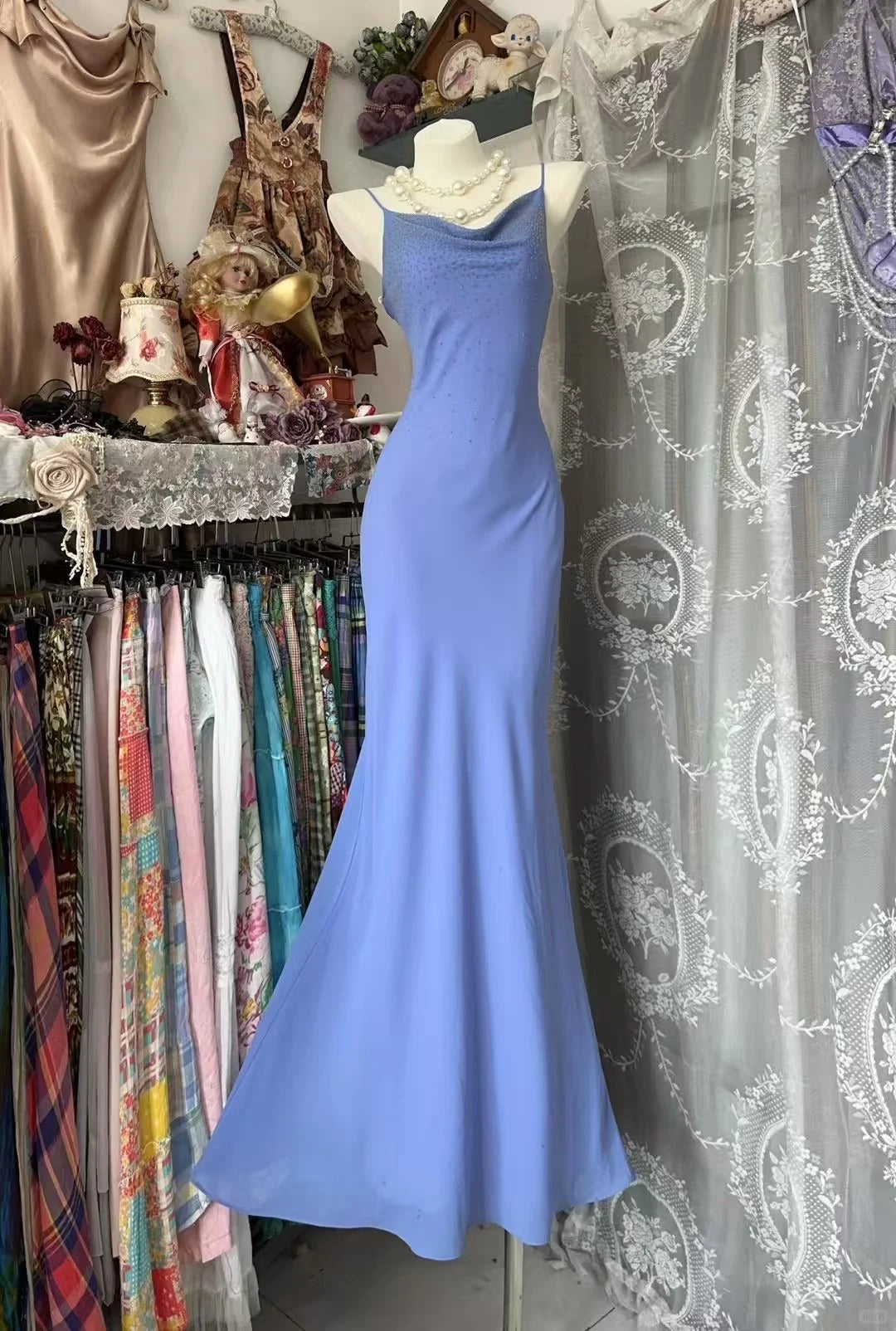 Elegant Spaghetti Straps Purple Mermaid Chiffon Long Prom Dresses Vintage Evening Gowns RF0848