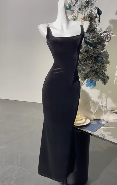 Glam Black Square Neck Sheath Satin Long Prom Dresses Simple Evening Gowns RF0849