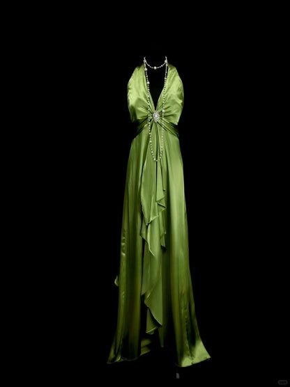 Stunning Green V-neck Sheath Satin Long Prom Dresses Formal Evening Gowns RF0850
