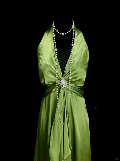 Stunning Green V-neck Sheath Satin Long Prom Dresses Formal Evening Gowns RF0850