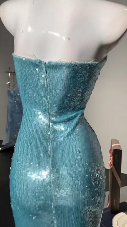 Elegant Blue Strapless Sheath Sequins Long Prom Dresses Formal Evening Gowns RF0852