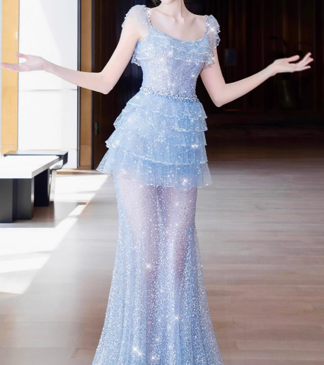 Fairytale Ice Blue Square Neck A-Line Tulle Sequin Long Prom Dresses Formal Evening Gowns RF0853