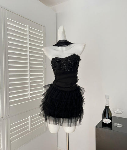 Black Strapless Sheath Tulle Applique Short Party Dress Fashion Homecoming Dress RF0859