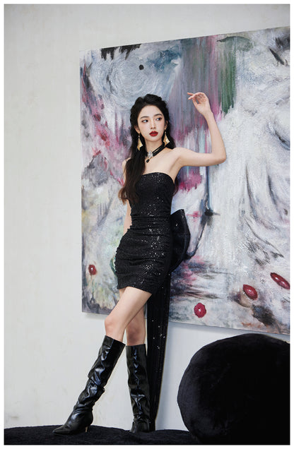 Glitter Black Strapless Bodycon Sequins Short Prom Dresses Homecoming Dresses RF0861