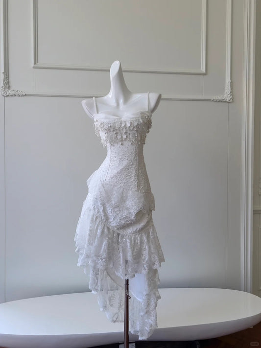 Sweet White Spaghetti Straps A-Line Lace Short Stunning Prom Dresses Homecoming Dresses RF0863
