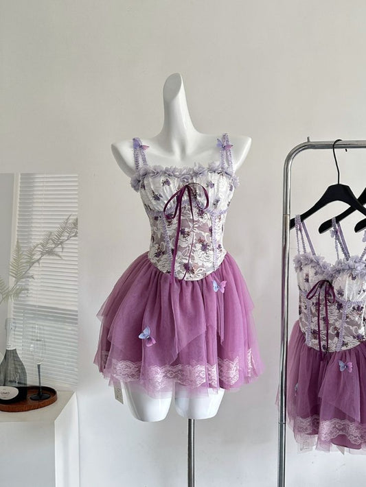 Sweet Purple Spaghetti Straps A-Line Tulle Lace Short Prom Dresses Homecoming Dresses with Open Back RF0867