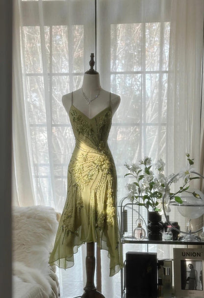 Elegant Green Spaghetti Straps Sheath Chiffon Beaded Short Prom Dresses RF0868