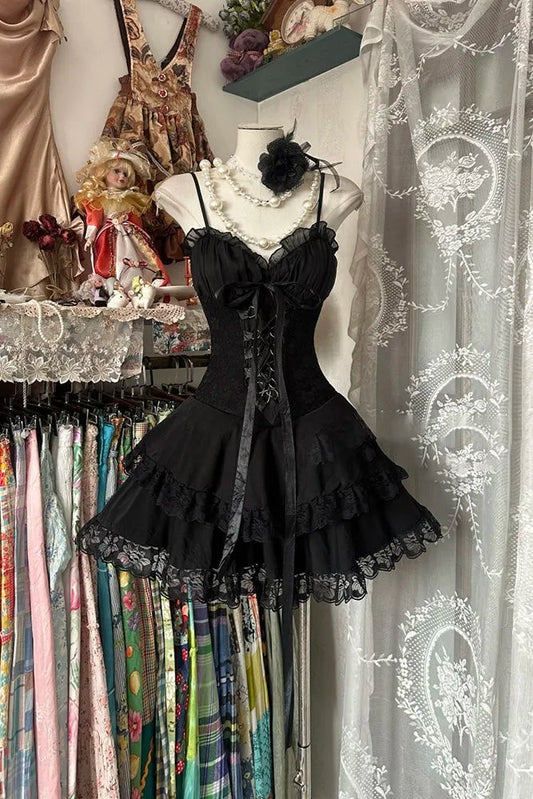 Sweet Spaghetti Straps Black A-Line Tulle Lace Short Prom Dresses RF0869