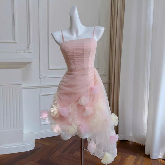 Sweetheart Pink Spaghetti Straps A-Line Tulle Appliqué Short Prom Dresses Homecoming Dress RF0870