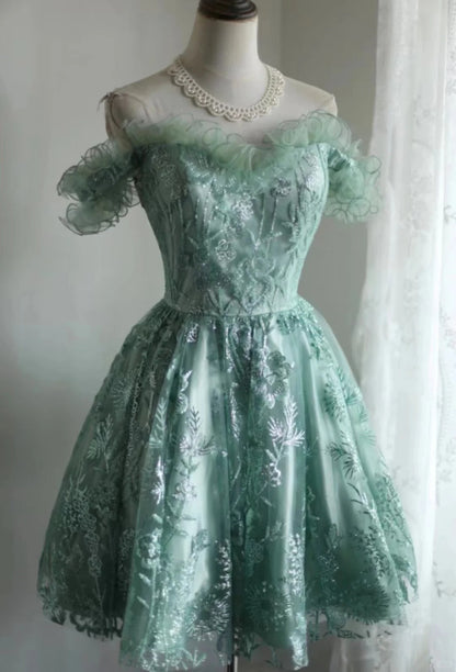 Gorgeous Green Off-the-Shoulder A-Line Tulle Beaded Short Prom Dresses Homecoming Dresses  RF0873