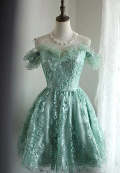Gorgeous Green Off-the-Shoulder A-Line Tulle Beaded Short Prom Dresses Homecoming Dresses  RF0873