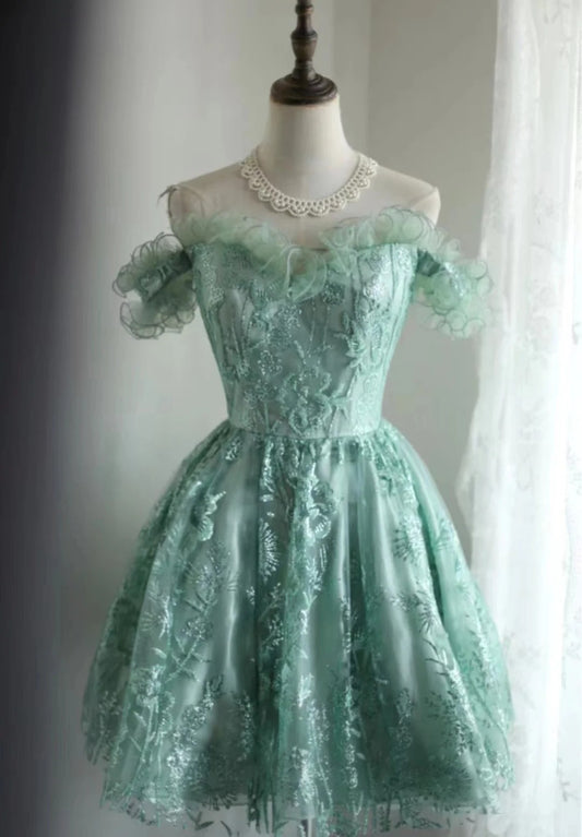 Gorgeous Green Off-the-Shoulder A-Line Tulle Beaded Short Prom Dresses Homecoming Dresses  RF0873