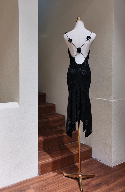 Vintage Black V-Neck Sheath Chiffon Beaded Backless Short Prom Dresses RF0879