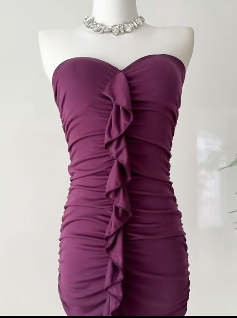 Sexy Grape Purple Strapless Bodycon Satin Short Party Dresses  RF0883