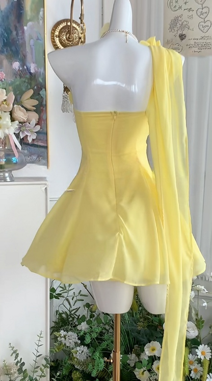 Sweetheart Yellow One Shoulder A-Line Tulle Short Prom Dresses for Birthday&Party RF0885